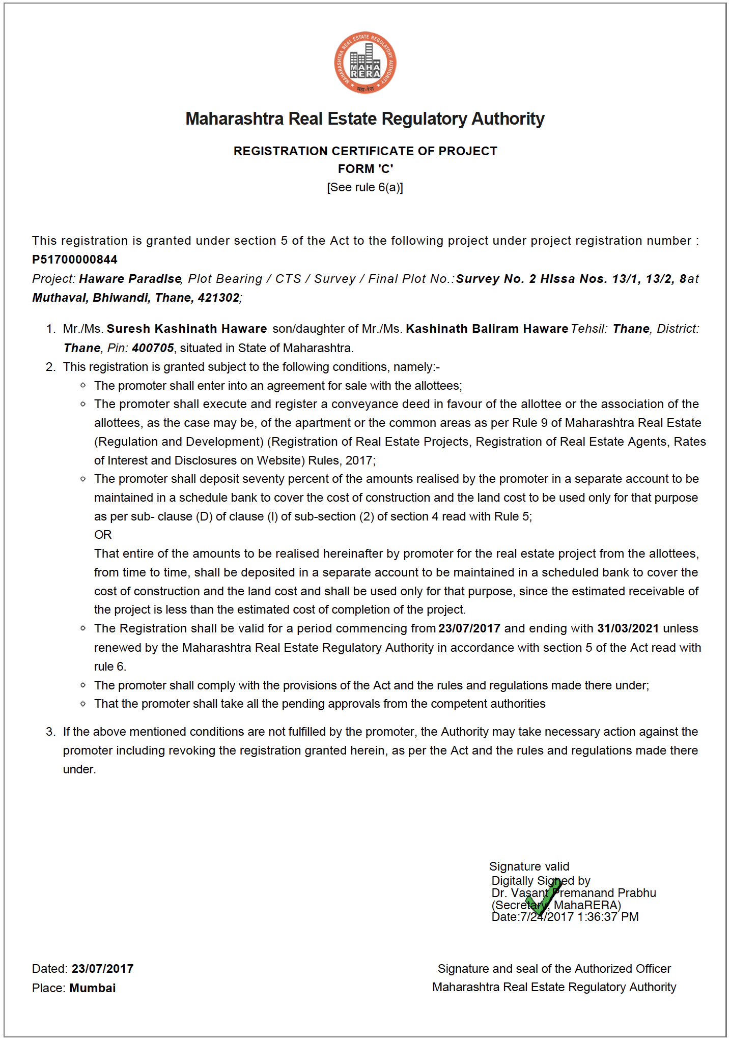 Haware-Paradise-MahaRERA-Certificate