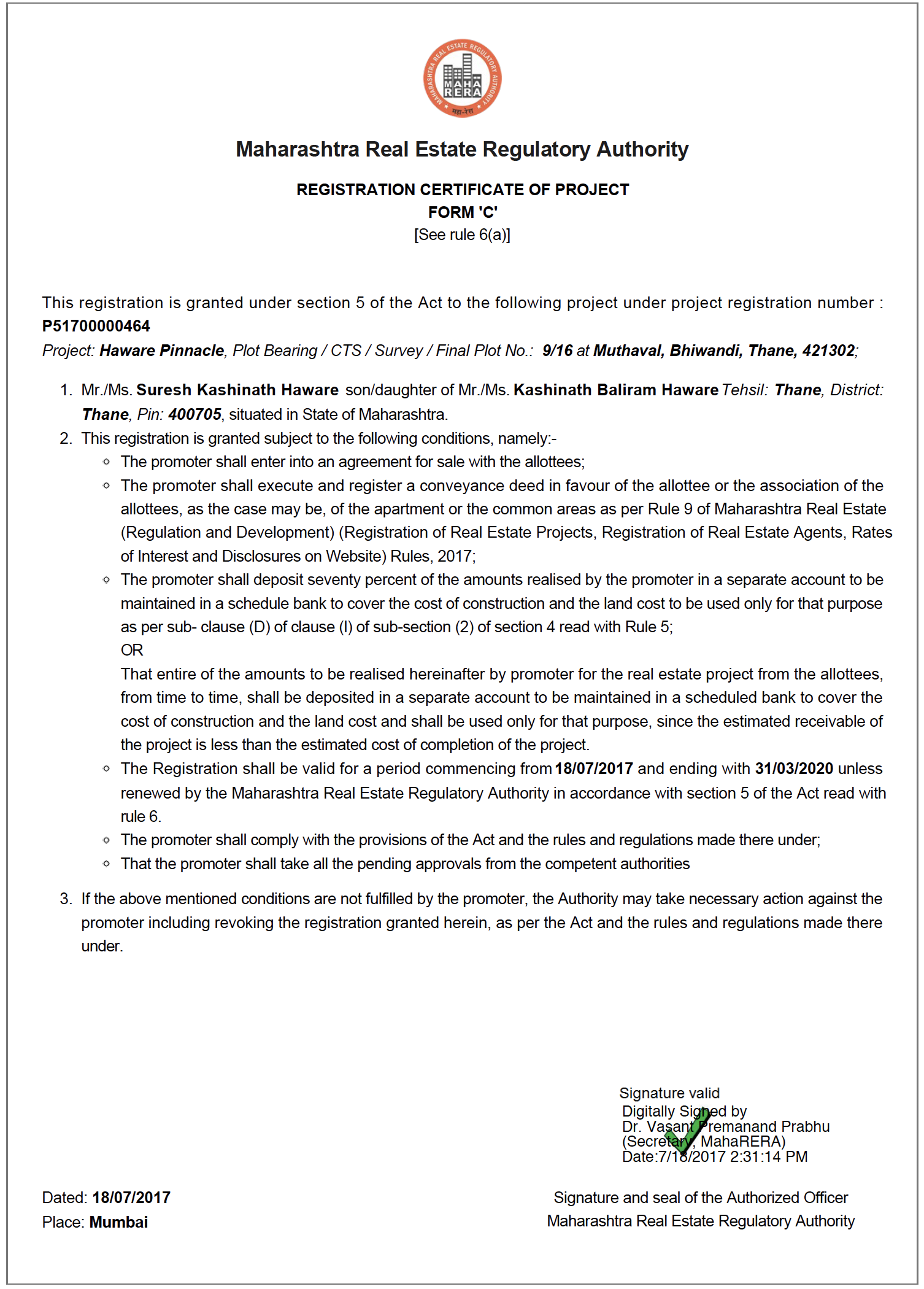 Haware-Pinnacle-MahaRERA-Certificate